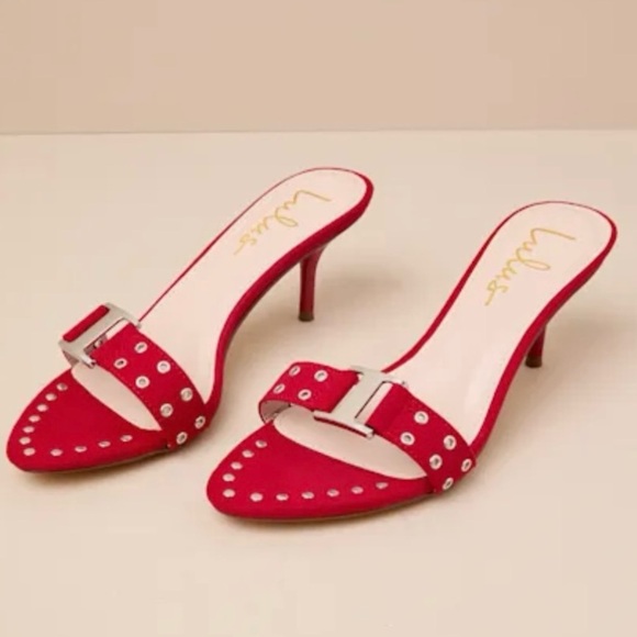 NEW w/Tag (NWT) Lulus Caloway Red Suede Studded Buckle High Heel Slide Sandals - Picture 1 of 5